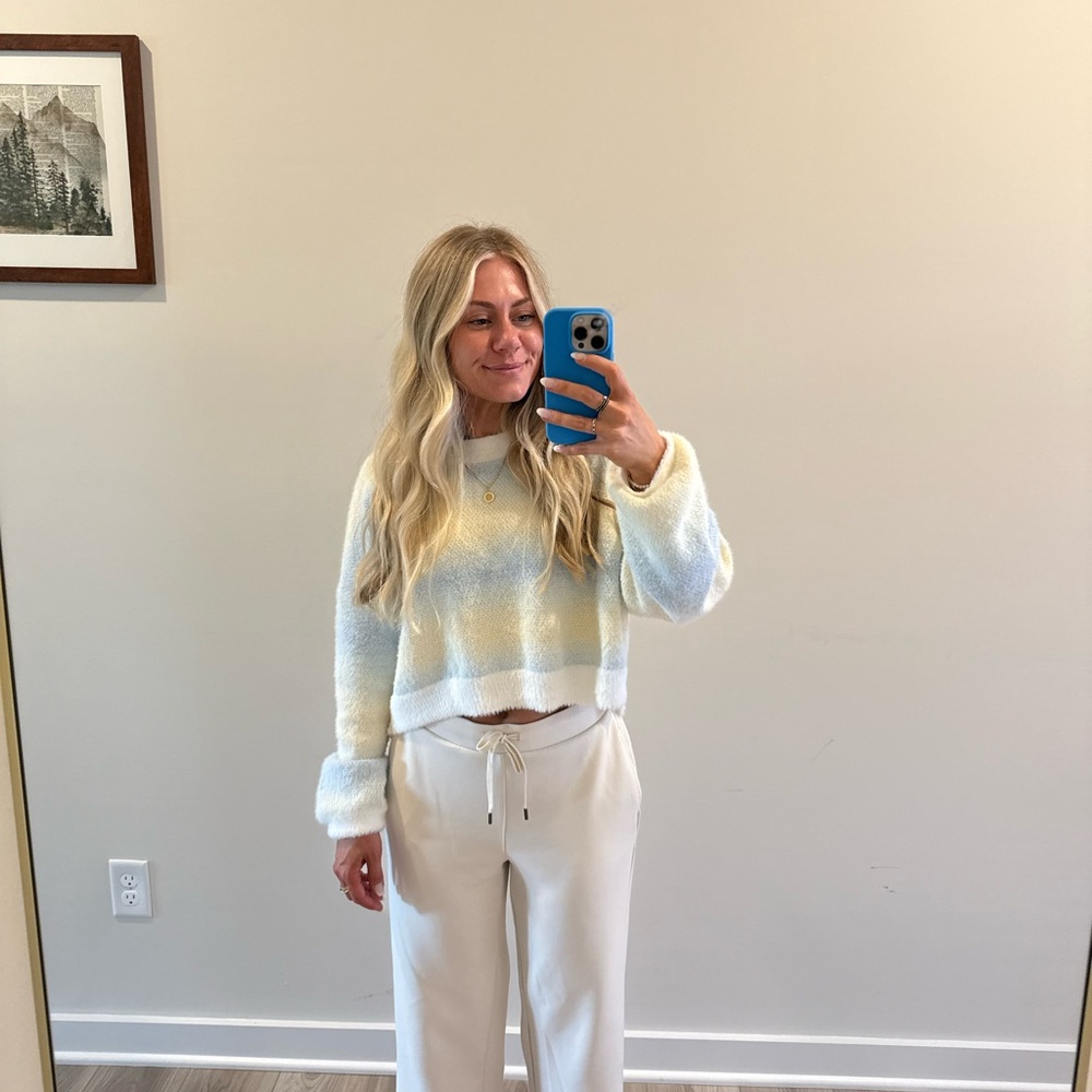Altar'd State Pale Yellow and Blue Crew Neck Sweater